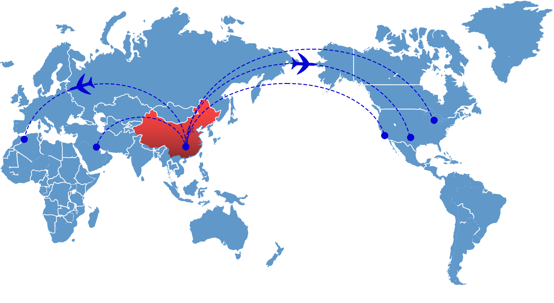 云瑶国际全球空运航线图：中国始发至欧洲、北美等洲际航线