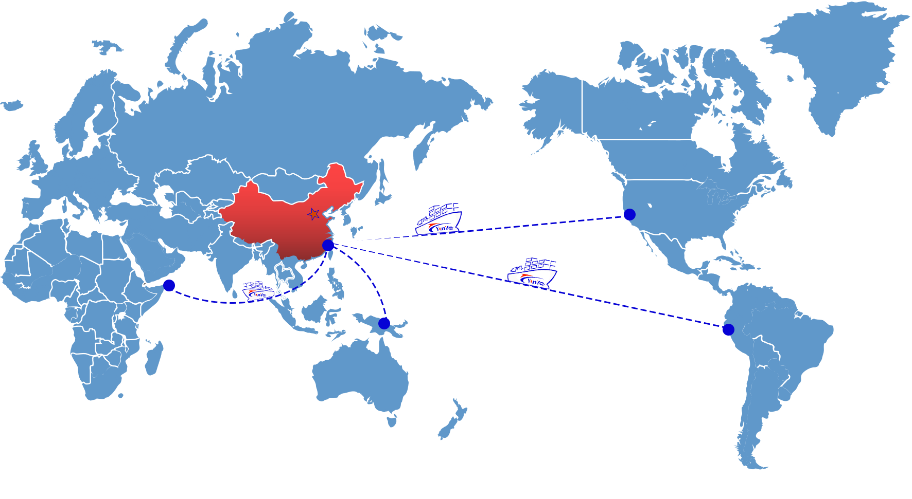 云瑶国际全球海运航线图：中国始发至北美、南美、东南亚、非洲等航线